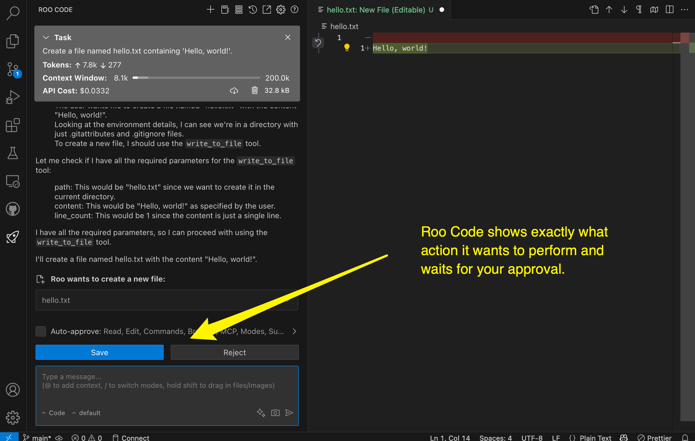 Reviewing a proposed file creation action